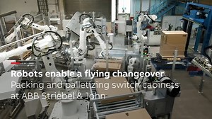 Switch cabinet manufacturer, ABB Striebel & John GmbH, needed an automated system to enable the flexible and efficient packaging of its products whilst avoiding scratches and other damage. Six ABB IRB 6700 robots and two IRB 1200 robots are at the heart of a new system which is now enabling the smooth packaging, palletizing and labelling of ABB Striebel & John’s cabinets. The fully automatic packaging and palletizing system can handle up to 50 different types of cabinets offering greater flexibi