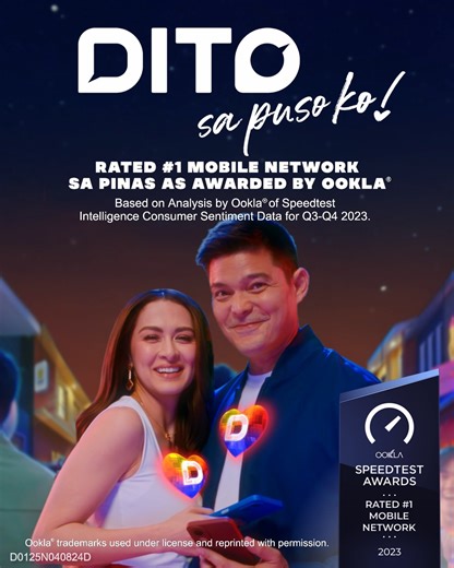 42K views · 1.9K reactions | DITO na si Dingdong Dantes and Marian Rivera sa Rated #1 Mobile Network sa Pinas! As awarded by Ookla® based on Analysis by Ookla ® of Speedtest Intelligence Consumer Sentiment Data for Q3-Q4 2023. At dahil nationwide ang coverage, mapupusuan mo DITO. Tara, DITO na tayo! ❤ #DITOsaPusoKo | DITO Telecommunity | Facebook