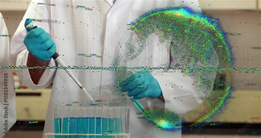 Lab tech pipetting for aliquots, pressing plunger and filling tubes, glitch obscuring right side