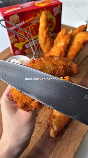 this recipe is next level, just like the NEW Arnott’s Spicy Fried Chicken Shapes 🤌 here’s how to make it: Ingredients 175g pack of Arnott’s Spicy Fried Chicken Shapes 1/2 cup plain flour 2 eggs 500g chicken tenderloins Vegetable oil, for shallow frying Method: 1. Place Spicy Fried Chicken Shapes in a zip-lock bag and crush using a rolling pin until they resemble fine breadcrumbs. Tip into a medium bowl and set aside. 2. Set up your crumbing station: Bowl 1: plain flour Bowl 2: eggs, lightly whi