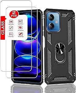 Cellular Phone Case for Xiaomi RedMi Note 12 5G / Poco X5 5G, Heavy Duty Armor Protective, Magnetic Stand, Tempered Glass Screen Protector, Black