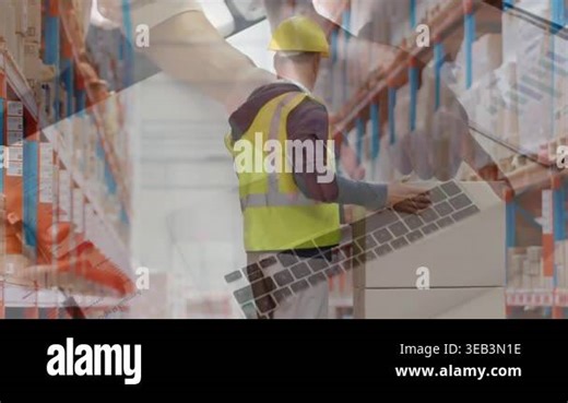 Animation of caucasian warehouse worker over person using laptop. Global business, finances, data processing and digital interface concept digitally generated video Stock Video Footage - Alamy