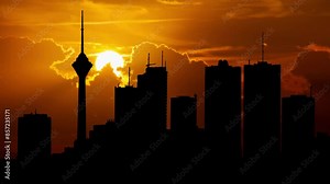 Tehran City Skyline, the Capital of Iran, Time Lapse at Sunset with Red Sun and Fiery Sky
