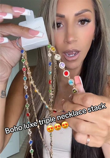 This boho luxe necklace 🫠🫠🫠 the colors are so beautiful. The way this necklace stack shines is unreal. I can’t believe the price 😍😍