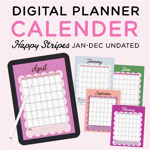 Goodnotes Undated Monthly Digital Planner | Happy Stripes | iPad Monthly Planner | Cute Colorful Calendar PDF | Reusable Monthly Planner - Etsy UK