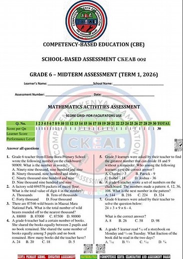 Grade 6 Mathematics Mid Term 1 2026 Exam