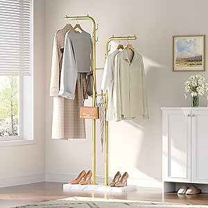 Gold Coat Rack, Freestanding Coat Hanger Stand, Entryway Clothes Rack with 8 Hooks and Marble-Look Base, Modern Double-Pole Metal Coat Tree for Entrance, Living Room, Bedroom, YM02DWY1