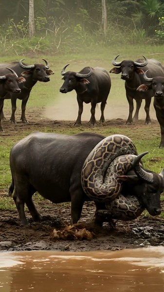 Buffalo Trapped! Giant Python Constriction at the Riverbank #python #buffalo