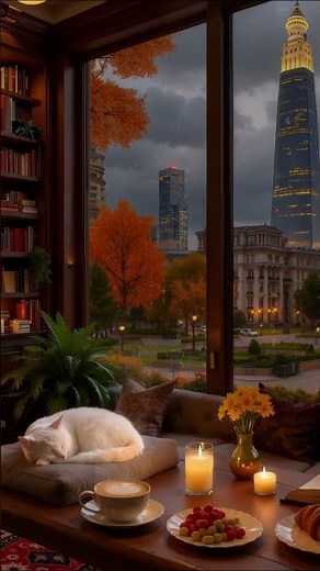 Relaxing Autumn Jazz Music 🍂 Cozy café atmosphere with light rain, fireplace, and warm lighting