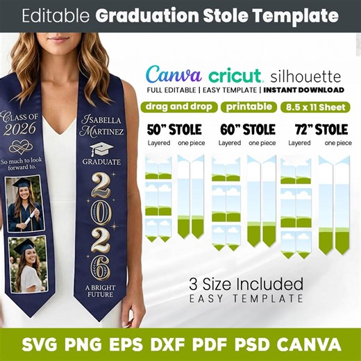 Graduation Stole Template, 3 Size Stole Template, Stoles 50 60, 72 Inch, Editable Canva, Svg for Cricut, Instant Download, Digital Files - Etsy