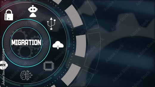 Executing seamless data migration to cloud environments with advanced technical interface and global connectivity icons.