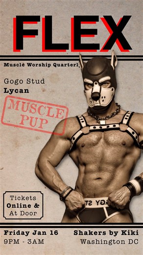Lycan on Instagram: "Muscle. Movement. Obedience. 💪🏼😈 Catch your favorite Muscle Pup dancing at Flex Party at Shakers (Shakiki’s) in Washington DC during MAL weekend! Come kneel, watch, and worship like the good boy you are!! 💪🏼🐶🤍 #flexparty #dance #midatlanticleather #pupplay #musclepup #muscleworship"