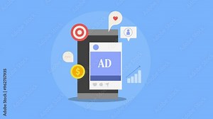 Mobile advertising, display social media advertising sponsored content post on smartphone screen, digital target marketing increase conversion and engagement video animation. Stock Video