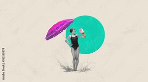Young girl in swimsuit and swimming cap standing under sun umbrella and eating ice cream over pastel background. Stop motion, animation. Concept of summertime holidays, inspiration, travel, vacation