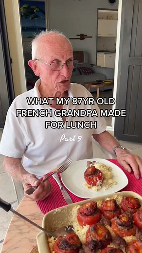 His lil laugh when he walks out with the tomatoes 🥺❤️ P.S this used to be one of my grandmother’s specialties. Grandpa’s done a pretty good job taking over, don’t you think? 😌 #cooking #recipe #grandpacooks #grandpacooking #fyp #fy #foryou #foryourpage #cookingathometiktoktv #cookingtiktok #cookingvideo #frenchcooking #frenchfood #viral #stuffedtomatoes