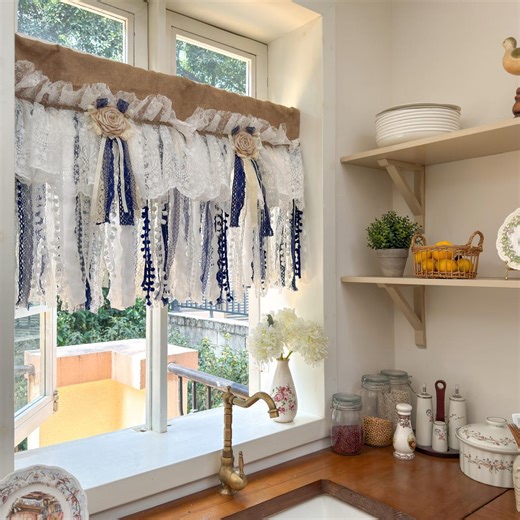 Custom Rustic Unique Burlap Beige White Navy Blue Lace Valance, Farmhouse Country Kitchen Curtain, Shabby Chic Cafe Curtains,h-25inch (63cm) - Etsy