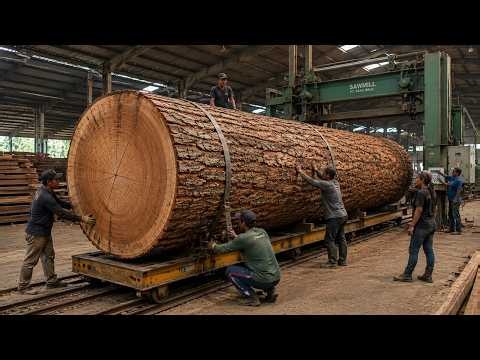 100-Year-Old Teak Log Transformed Into Premium Lumber on a Giant Vertical Bandsaw