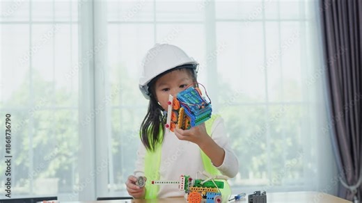 Young girl engineer working on robotics project in a STEM education class. child is focused on assembling and learning about a small robot or electronic project. engineering, innovation, technology.