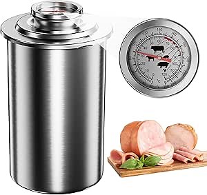 Ham Deli Meat Press, Heavy-Duty Compression Spring Lunch Meat Maker with Large-Read Dial Thermometer, Stainless Steel Deli Meat Maker for Homemade Ham, Hamburger, Lunch Meat, with 5 Recipes