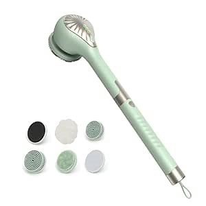 Electric Body Brush Back Scrubber for Shower, IPX6 Water Proof Bath Brush with Long Handle, 6 Heads 3 Speeds Rechargeable Electric Spin Scrubber for Cleanse, Massage, Exfoliate
