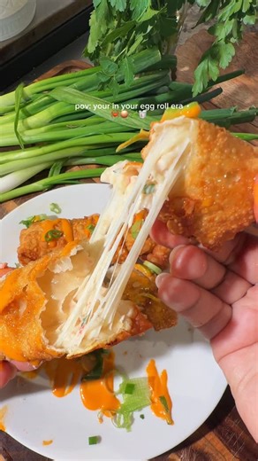 @maeshomesweethome on Instagram: "crab rangoon egg rolls 🦀 . Ingredients • 2 (8 oz) packages cream cheese, softened • ~1 cup imitation crab, finely chopped • ~1 cup mozzarella cheese • Green onions, finely chopped (to taste) • Fresh parsley, chopped (to taste) • 1–2 cloves fresh garlic, minced • 1 tsp onion powder • 1 tbsp Worcestershire sauce • 1 tsp soy sauce • Egg roll wrappers • 1 egg, beaten (for sealing) • Oil, for frying Instructions 1. In a bowl, mix cream cheese, imitation crab, mozzar