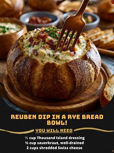 Reuben 🍀 Dip in a Rye Bread Bowl! Ingredients For the Dip: ⅔ cup Thousand Island dressing (store-bought or homemade) ½ cup sauerkraut, well-drained 2 cups shredded Swiss cheese (freshly shredded for best melt) 1 cup chopped corned beef (or substitute pastrami or venison) ..... Full Recipe in Coʍmеոτ 💬 🔥 | Recipe Exchange