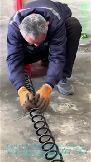 Worker Adjusts Heavy Coiled Hose for Conveyor System