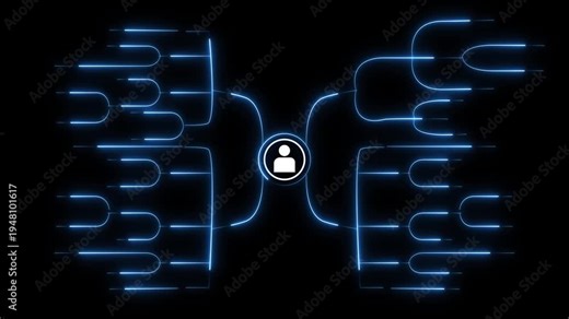 Mind map structure with central person icon and blue neon branches on dark animated background, Knowledge organization concept representing idea connections planning and strategy thinking.