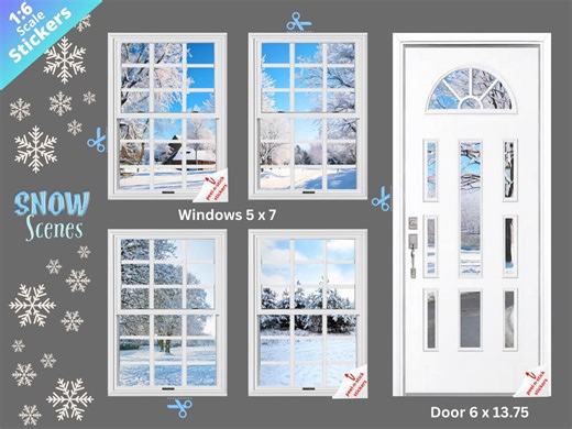 1:6 Scale White Windows and Door Winter Scene Stickers (view 1) - Etsy