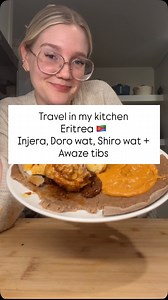 Travel in my kitchen with me: Eritrea 🇪🇷 Injera, Doro Wat, Shiro wat and awaze tibs! Everything this week was honestly super delicious. I was so excited to learn that the injera was sourdough! They usually have their starter made with Teff flour, but since I didn’t have one or the time to make one, I just used my sourdough starter! ￼ It turned out really good and the Sourness of the injera made the food taste better with every bite. And although it may not be fully authentic, I’m so glad I got