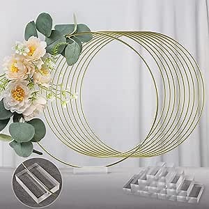 YALLOVE 10 PCS 12 Inch Floral Hoop Table Centerpiece, Metal Wreath Ring Stand with Crystal Clear Acrylic Base for Balloon and Flower Decoration, Flower NOT Included