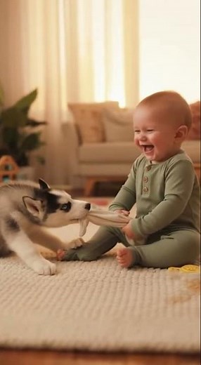 Baby and Husky Puppy Play Epic Tug-Of-War With Sock