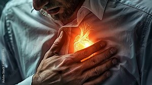 A man clutching his chest in pain, with a fiery heart visible through his shirt. Illustrates the concept of heart attack, stress, or emotional pain.