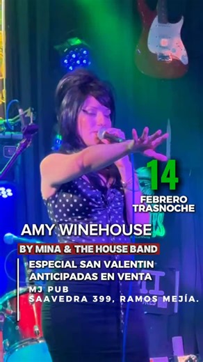 Mr Jones Pub on Instagram: "🎶 SÁBADO 14/02 – TRASNOCHE | AMY WINEHOUSE BY MINA & THE HOUSE BAND 🍷 ESPECIAL SAN VALENTIN 🖤 Una trasnoche intensa y elegante para dejarse llevar por el soul, el jazz y las melodías inconfundibles de Amy Winehouse 🌹 Mina & The House Band rinden homenaje a su música con un show cargado de emoción, groove y actitud 🤩 🎤 Clásicos inolvidables de Amy 🎷 Soul, jazz y R&B en vivo 🌙 Una noche íntima y profunda para sentir cada canción 📍 MJ Pub – Saavedra 399, Ramos M