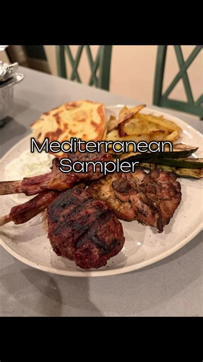 Mediterranean cooking, sampler plate, Greek food, good food. Lamb chops, befteki, chicken thigh, lemon potatoes, naan bread, tzatziki #mediterraneanfood #lambchops #chickenthighs #fyp #irinekitchen