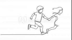 animated continuous single line drawing of boy and girl running hand in hand, line art animation