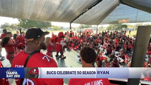 3.9K views · 225 reactions | Tampa Bay Buccaneers celebrated their 50th season with pep rally at Lockhart Elementary Magnet School. The rookies, including star WR Emeka Egbuka, took part in the celebration and the Glazer Vision Foundation provided free vision clinic on-site. The team also showcased shade structures they supplied to 135 elementary schools for Hillsborough County Public Schools. | Kyle Burger | Facebook