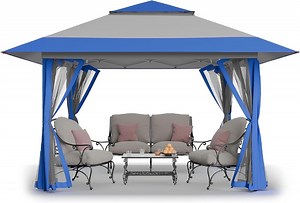 CROWN SHADES 13x13 Pop Up Gazebo Canopy Tent Gazebos Outdoor Gazebo for Backyard & Patio Blue&Gray