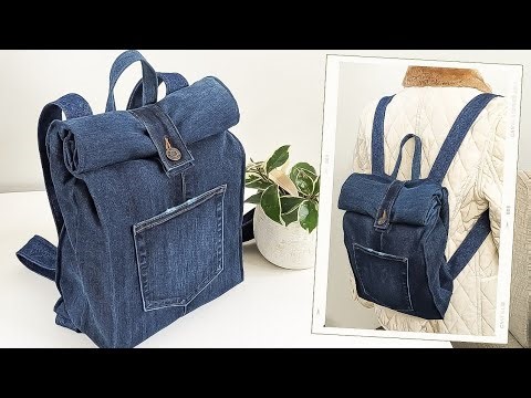 DIY Roll Top No Zipper Denim Backpack Out of Old Jeans | Bag Tutorial | Upcycled Craft