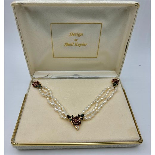1980s Shell Kepler Fresh Water Pearls & Enamel Roses Necklace-From Canada