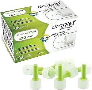 Droplet Pen Needles, 32G 4mm, Diabetic Needles for Insulin Injections, 100ct Box, Compatible with Most Pen Injectors