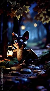 cute kind cartoon bat with flashlight in forest at night