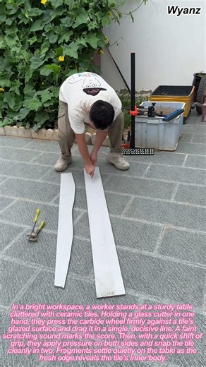 construction daily | worker scores and snaps tile with glass cutter