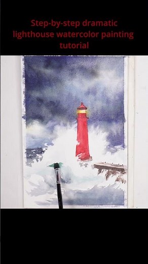 Step-by-step dramatic lighthouse painting | Watercolor Painting tutorial #art #watercolorlandscape