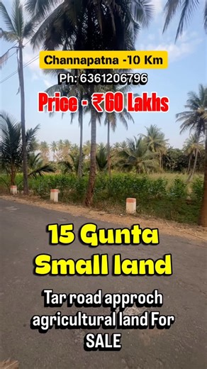 Perfect property by gagan on Instagram: "15 Gunta Small agricultural land for Sale near to channapatna| 6361206796 📍 Property Details • Location: Channapatna • Land Area: 15 Gunte • Facing: West-facing • Price: ₹4 Lakhs per Gunte • Total Price: ₹60 Lakhs • Trees: 20 Coconut trees • Water Source: No borewell • Road Width: 55 feet wide road access • Plot Shape: Perfect rectangular boundary • Distance: – 10 km from Channapatna (CPT) – 9 km from Express Highway. #channapatna #propertyforsale #banga
