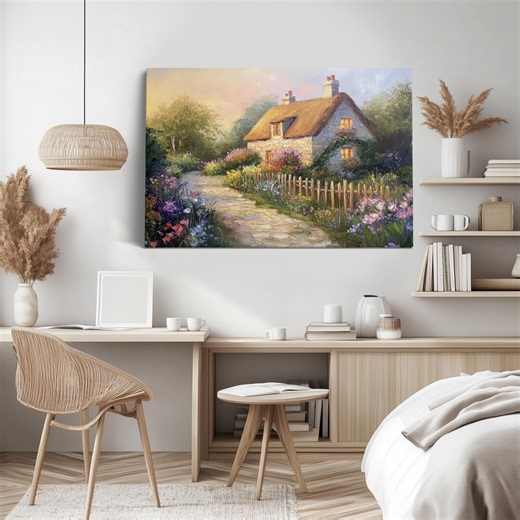Thomas Kinkade Style Cottage Garden Wall Art, Cozy Country House Canvas Painting, Romantic Cottagecore Landscape Decor, Farmhouse Wall Art - Etsy