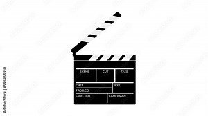 Animated wooden cinema clapperboard loudly clicks before filming starts. Assistant director tool. Cartoon looped video isolated on white background