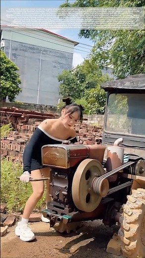 Hand crank starting process of old diesel engine