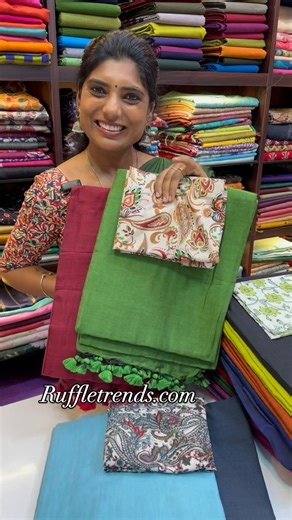 🌟 Exclusive 🌟✨order through our website www.ruffletrends.com or download our app ruffletrends ✨ Search code -Rumi ✨ what’s app 6369545679 ✨ Perfect office wear sarees collections ✨ Soft Khadi cotton Very beautiful plain Khadi cotton saree with contrast printed blouse. Blouse - 1m unique floral design blouse material to match both sarees. Sarees also have running blouse. ✨ Rs.1699 saree with matches price free shipping on payment mode ✨ Cod available all over India ✨ International shipping avai