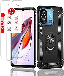 for Xiaomi Redmi 12C /Redmi 11A Case with [2 Pack] Tempered Glass Screen Protector, for Redmi 12C Case Heavy Duty Armor [Military-Grade] Protective，with Magnetic Ring Stand Phone Cover Black